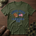 Loves Jesus And America Too Bible and Flag T-Shirt