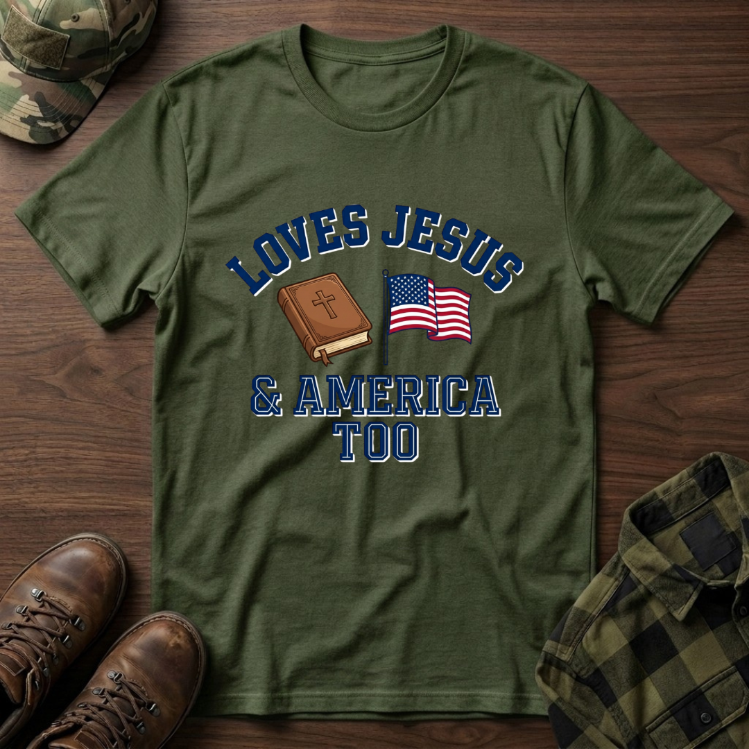 Loves Jesus And America Too Bible and Flag T-Shirt