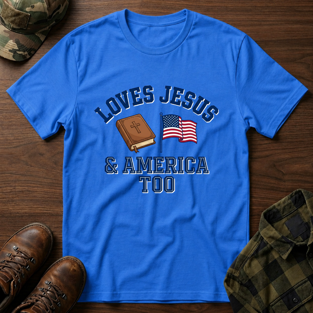 Loves Jesus And America Too Bible and Flag T-Shirt