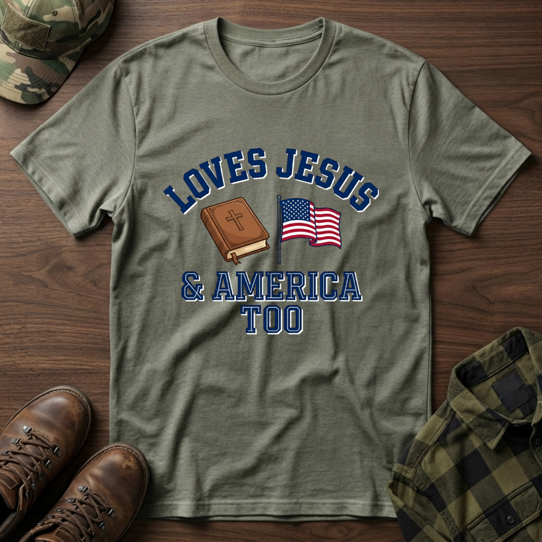 Loves Jesus And America Too Bible and Flag T-Shirt